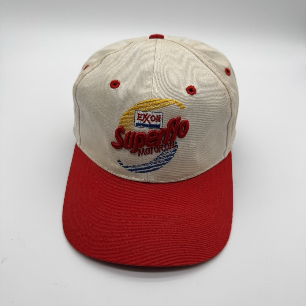 Vintage Exxon Superflo Motor Oil Hat Snapback Cap Red White Trucker Racing 90s